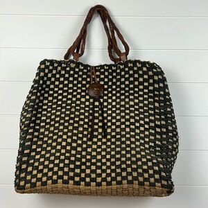 VTG Inge sport basket weave straw tote leather handles beach bag summer casual